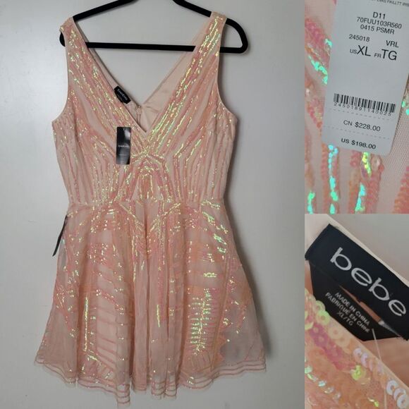 $198 NEW XL BEBE PEACH PINK TULLE SEQUIN SLEEVELESS FIT FLARE MINI DRESS NWT - Picture 1 of 11